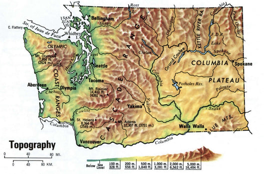 Washington Topography Map Glossy Poster Picture Photo Print Banner Wa Conversationprints