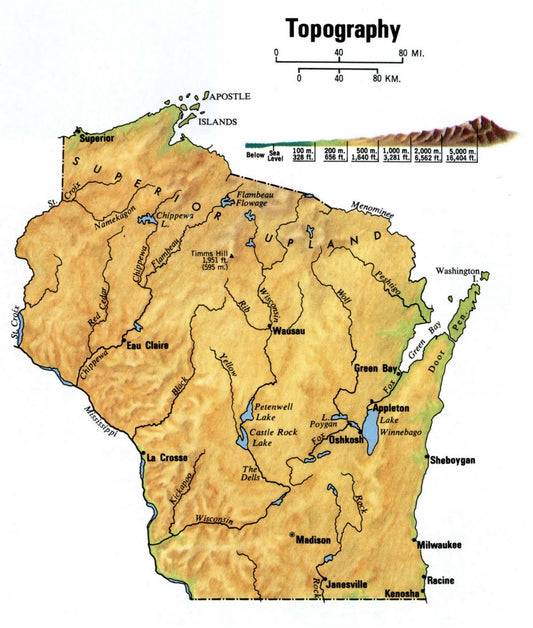 Wisconsin Topography Map Glossy Poster Picture Photo Print Banner Wi Usa Conversationprints