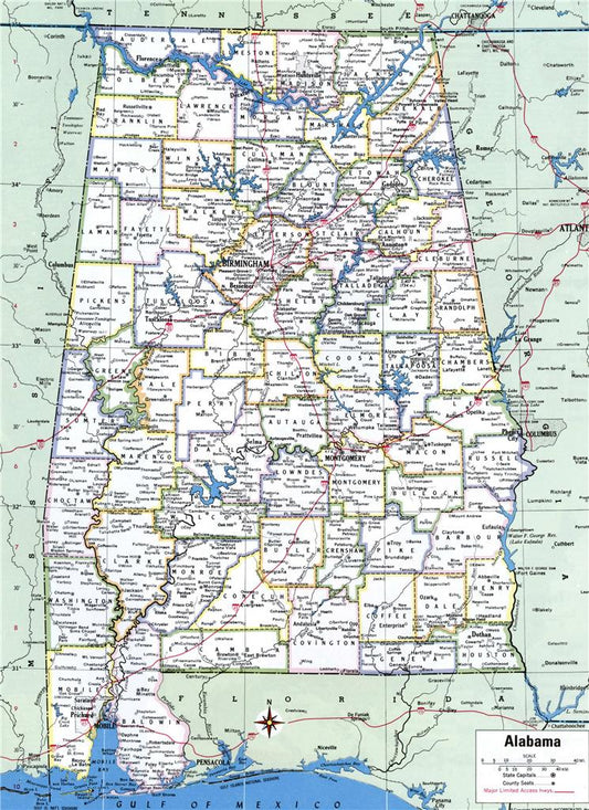 Alabama County Road Map Glossy Poster Picture Photo Print Banner Usa Al Conversationprints