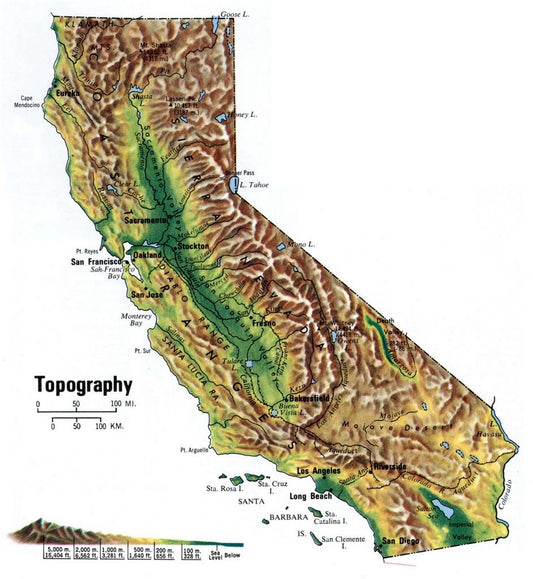 California Topography Road Map Glossy Poster Picture Photo Print Banner Ca Conversationprints