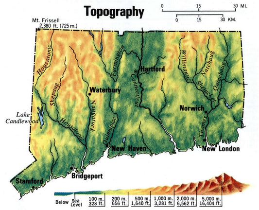 Conneticut Topography Road Map Glossy Poster Picture Photo Print Banner Ct Conversationprints