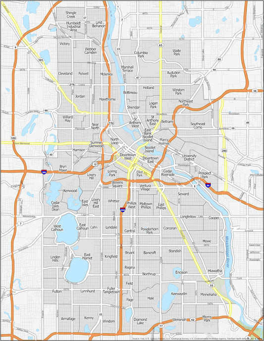 Minneapolis Neighborhood Map Glossy Poster Picture Photo Print Banner  Conversationprints