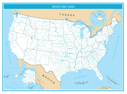 USA Rivers and Lakes Blank Map GLOSSY POSTER PICTURE PHOTO PRINT BANNER  CONVERSATIONPRINTS