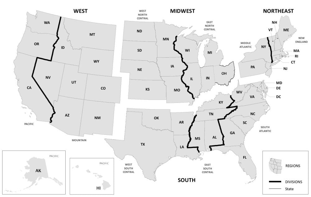 Usa Divided Regions Whole Map Glossy Poster Picture Photo Print Banner  Conversationprints