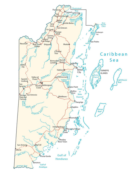 Belize Road Lakes Rivers Map Glossy Poster Picture Photo Print Banner  Conversationprints