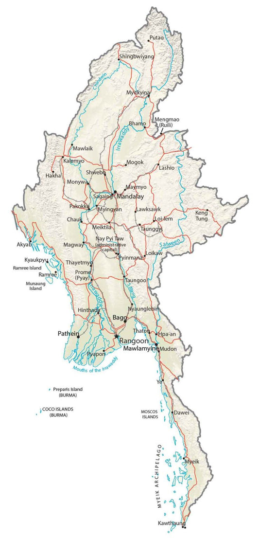 Burma Myanmar Physical Map Glossy Poster Picture Photo Print Banner  Conversationprints