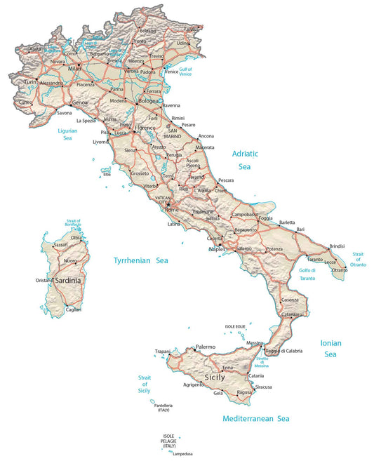 Italy Physical Map GLOSSY POSTER PICTURE PHOTO PRINT BANNER  CONVERSATIONPRINTS