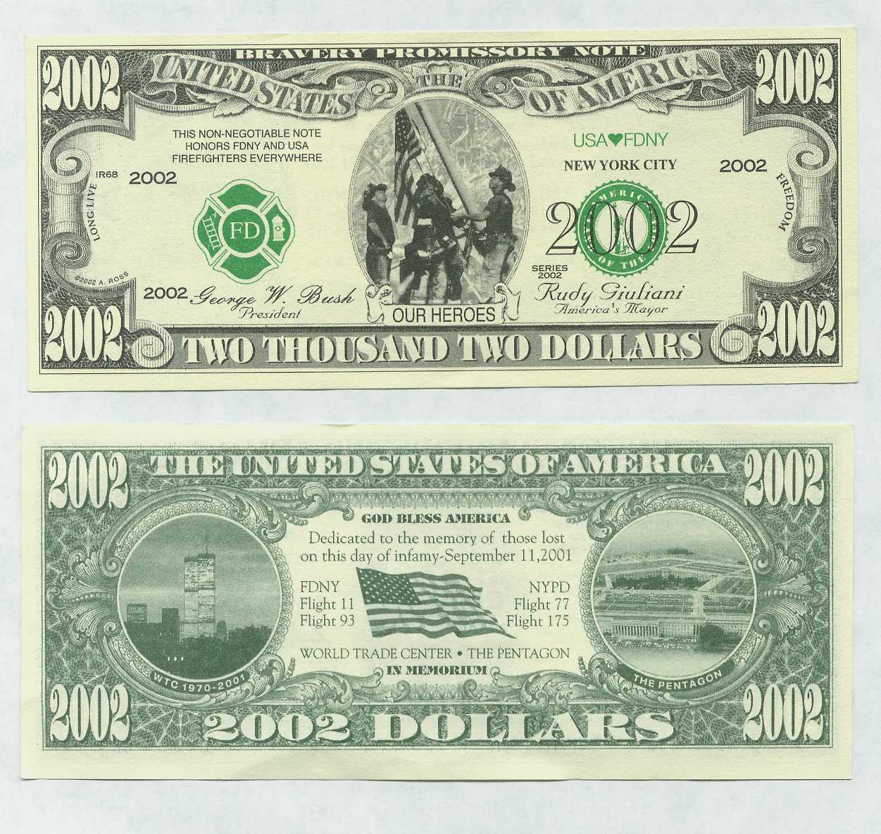 2002 DOLLAR BILL 9-11 MEMORIAL GLOSSY POSTER PICTURE PHOTO money september