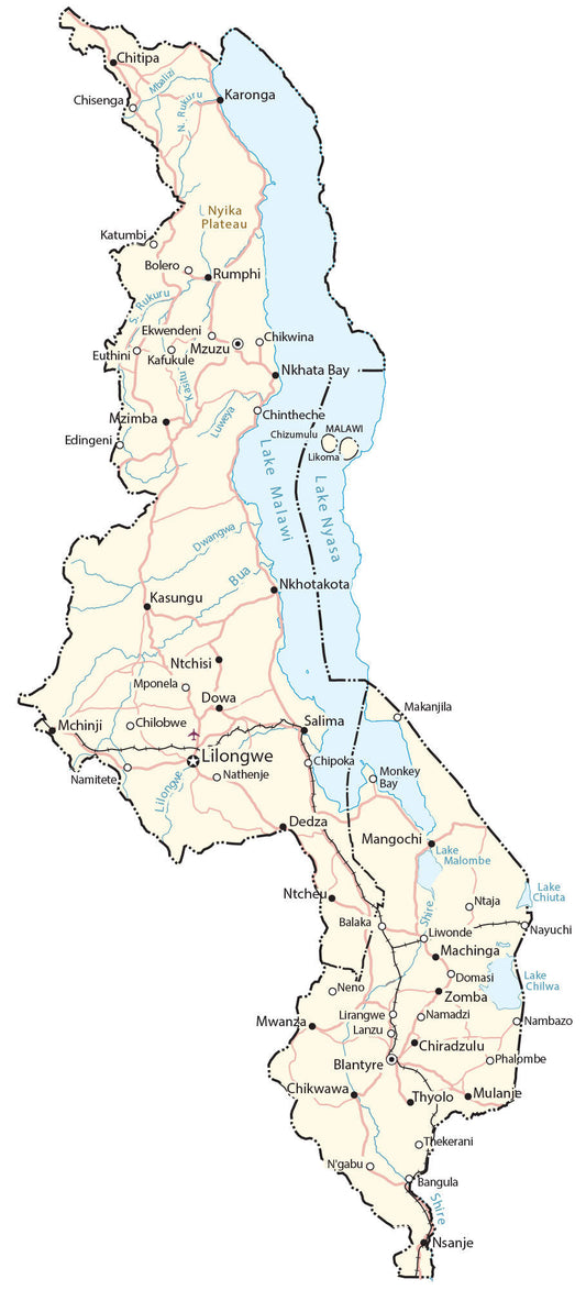 Malawi Road Map Glossy Poster Picture Photo Print Banner  Conversationprints