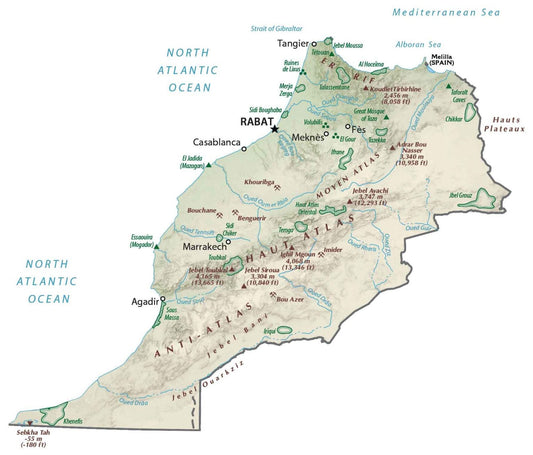 Morocco Physical Map Glossy Poster Picture Photo Print Banner  Conversationprints