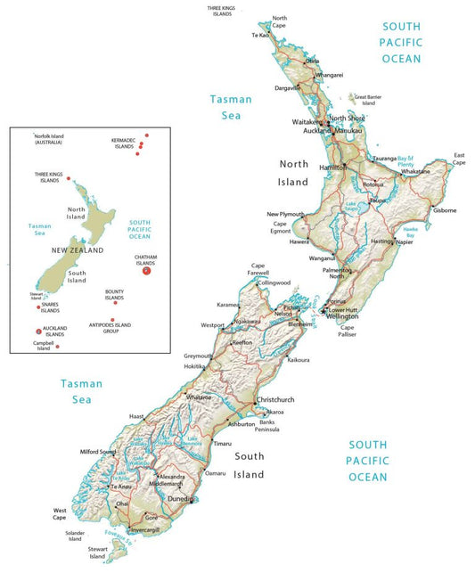 New Zealand Physical Map Glossy Poster Picture Photo Print Banner  Conversationprints