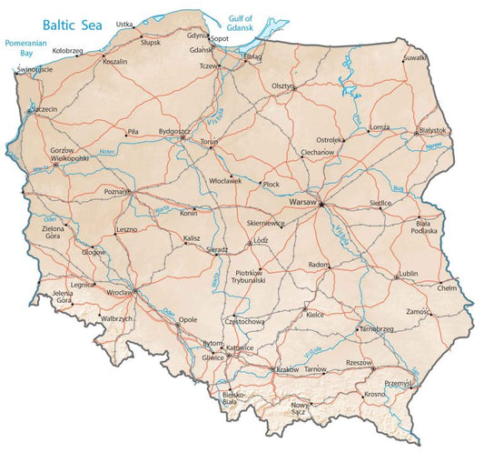 Poland Physical Road Map Glossy Poster Picture Photo Print Banner  Conversationprints