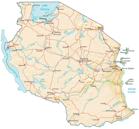 Tanzania Physical Map Glossy Poster Picture Photo Print Banner  Conversationprints